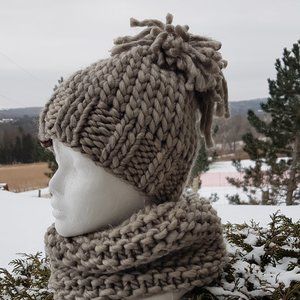 Knitted Hat and Scarf, wool made winter set, tan-mushroom